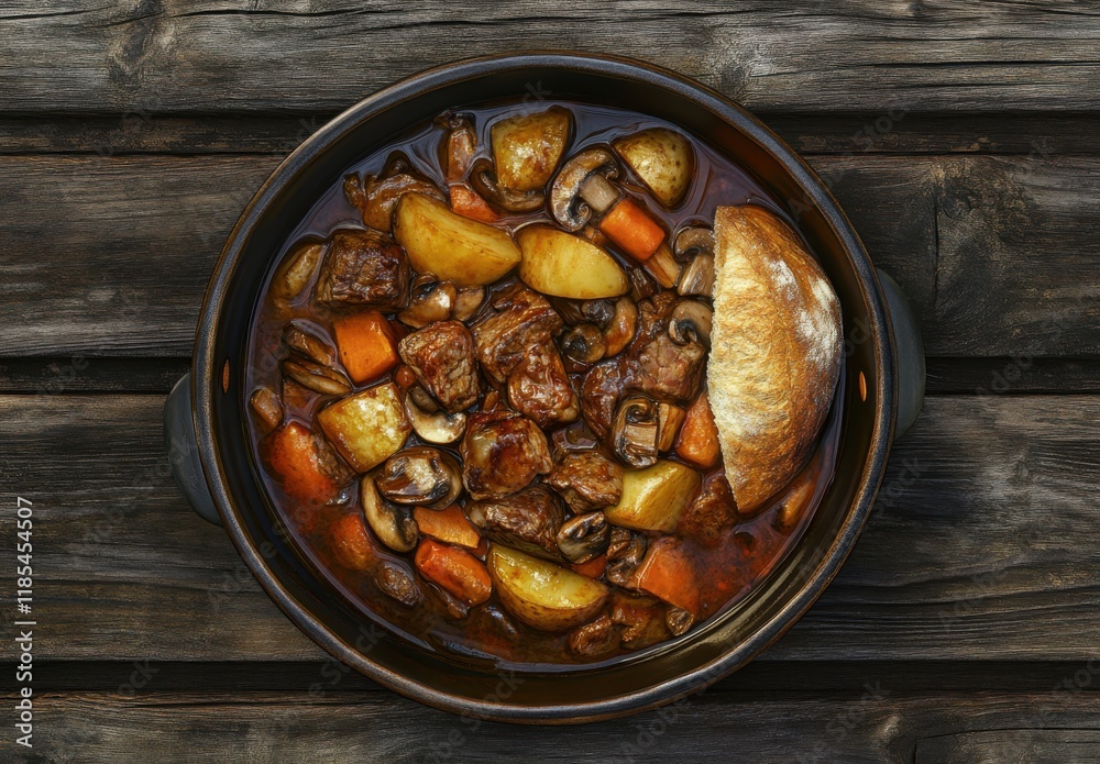 Hearty Beef Stew with Tender Vegetables and Fresh Bread on a Rustic Wooden Surface for a Cozy Dining Experience Hearty Beef Stew with Tender Vegetables and Fresh Bread on a Rustic Wooden Surface for a Cozy Dining Experience