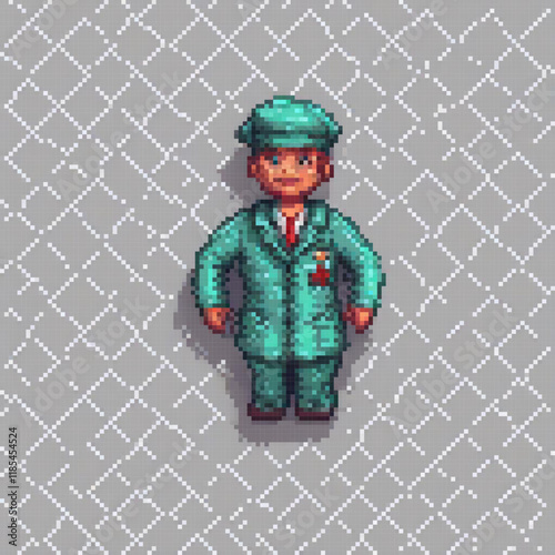Green-suited gentleman in pixel art, stylish and classic.