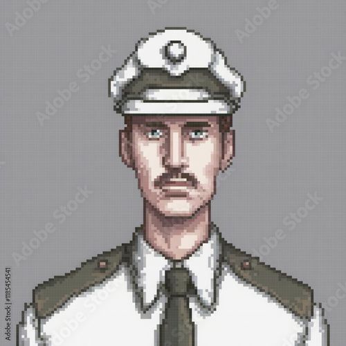 Retro pixel art of a mustachioed man in a classic uniform.