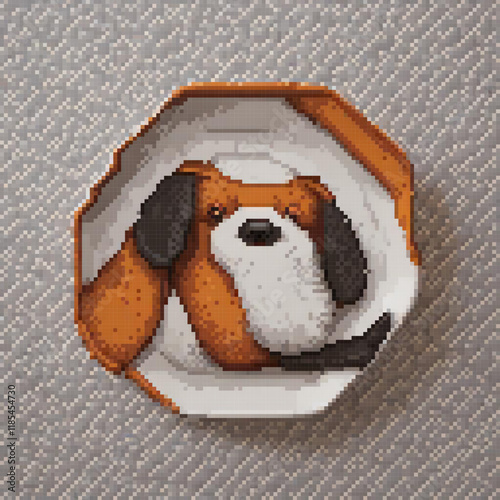 Pixel art of a dog exploring a hole in the ground