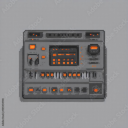 Retro synth vibes with black and orange pixel art on a gray backdrop.