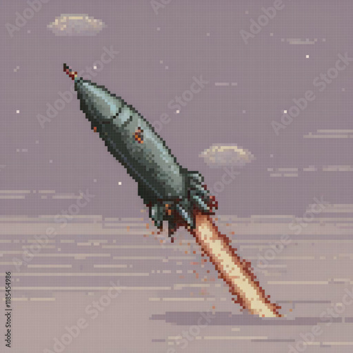 Pixel art rocket launching into the sky, capturing the excitement of space exploration.