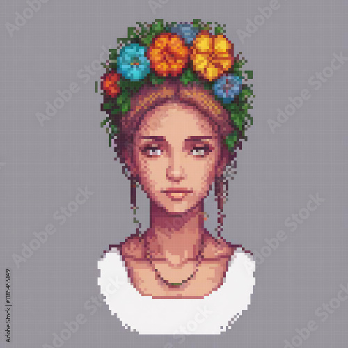 Female character adorned with a floral wreath, showcasing pixel art style.