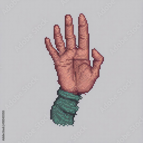 Hand with vibrant green wristband in pixel art style.