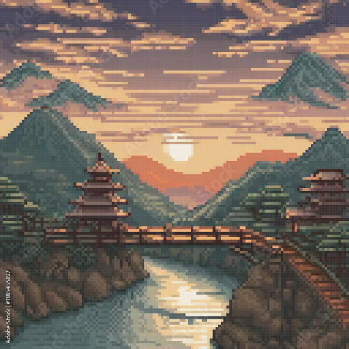 Pixel art cross stitch bridge scene with mountains