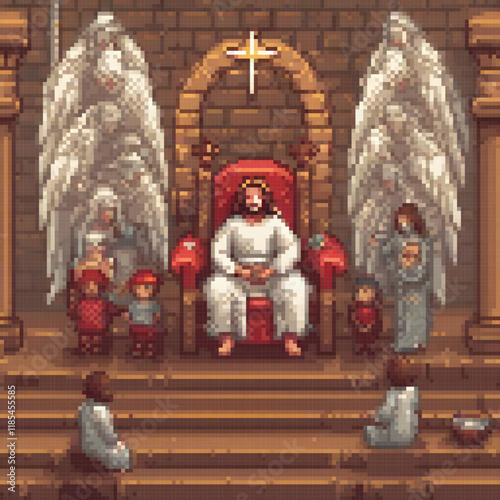 Pixel art depiction of Jesus on a throne with angels