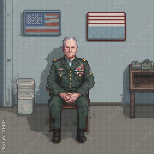 Military uniformed man in pixel art, seated in a chair.