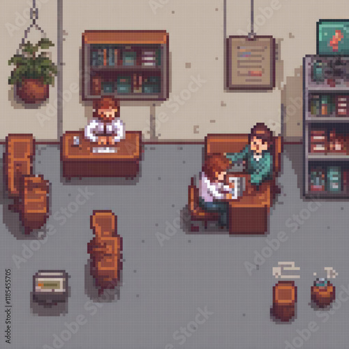 Pixel art snapshot of a bustling workspace