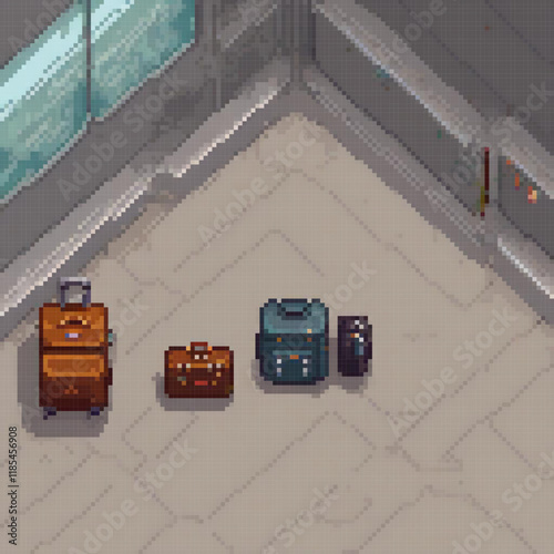 Pixel art showcasing a collection of suitcases on a tiled floor, perfect for retro-themed spaces.