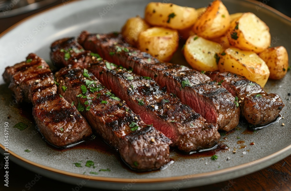 Juicy Grilled Steak Strips with Crispy Roasted Potatoes Garnished with Fresh Herbs on an Elegant Plate for Gourmet Dining Experience Juicy Grilled Steak Strips with Crispy Roasted Potatoes Garnished with Fresh Herbs on an Elegant Plate for Gourmet Dining Experience
