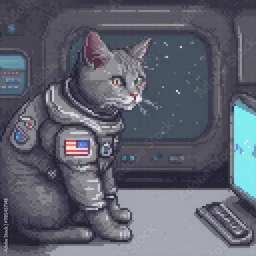 Astro-feline astronaut in space-age attire, computer-ready.