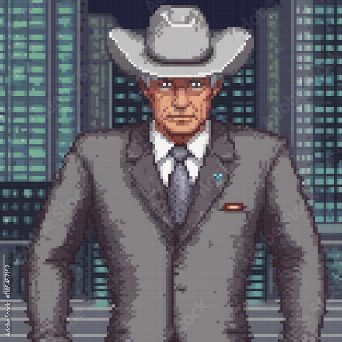 Pixel art of a cowboy in a suit, standing proudly before a bustling cityscape.