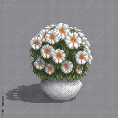 White vase with blooming flowers on a table, pixel art style.