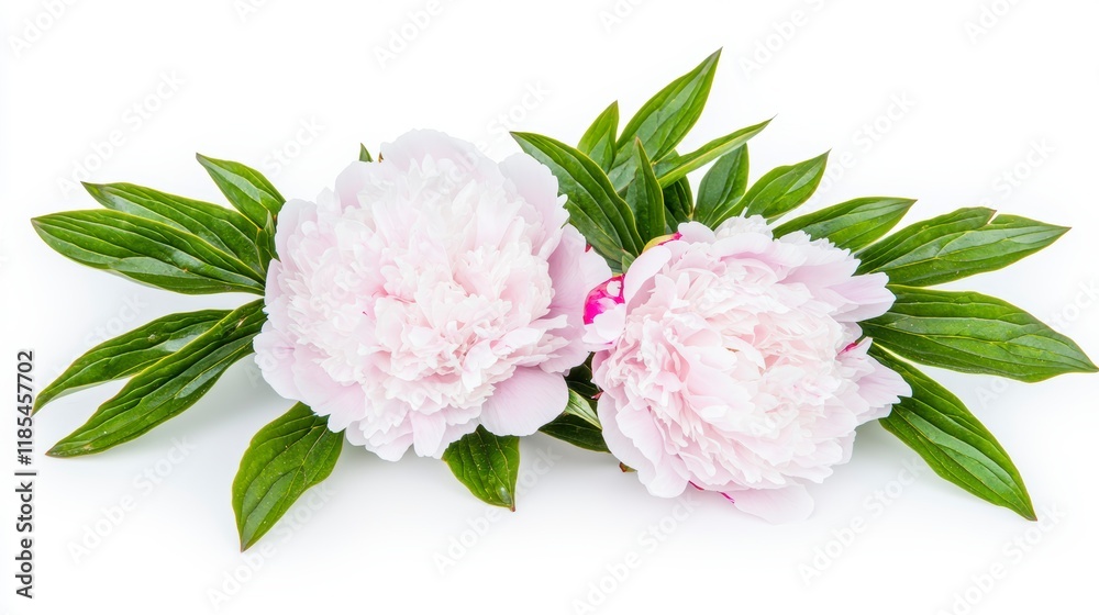 Blooming Pink Peonies Fresh Flowers Lush Green Leaves White Background Blooming Pink Peonies Fresh Flowers Lush Green Leaves White Background