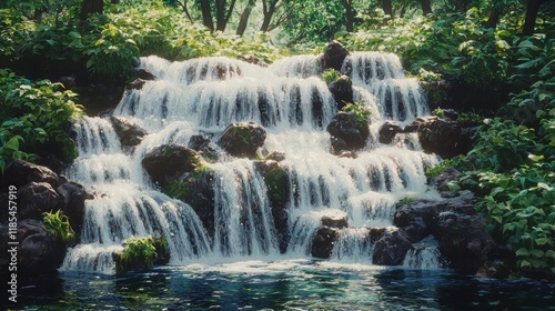 Serene Cascading Waterfall in Lush Tropical Forest Tranquil Nature Scene