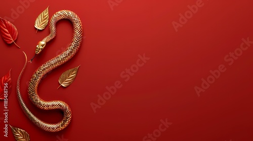 Golden Snake Red Background Autumn Leaves Chinese New Year Design photo