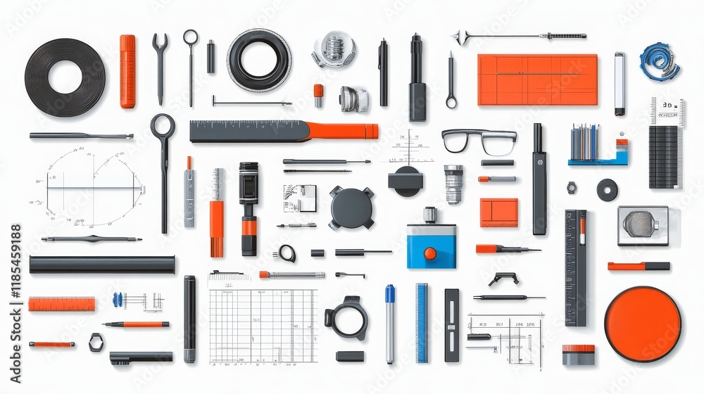 Flat lay showcasing a comprehensive collection of tools and equipment Flat lay showcasing a comprehensive collection of tools and equipment