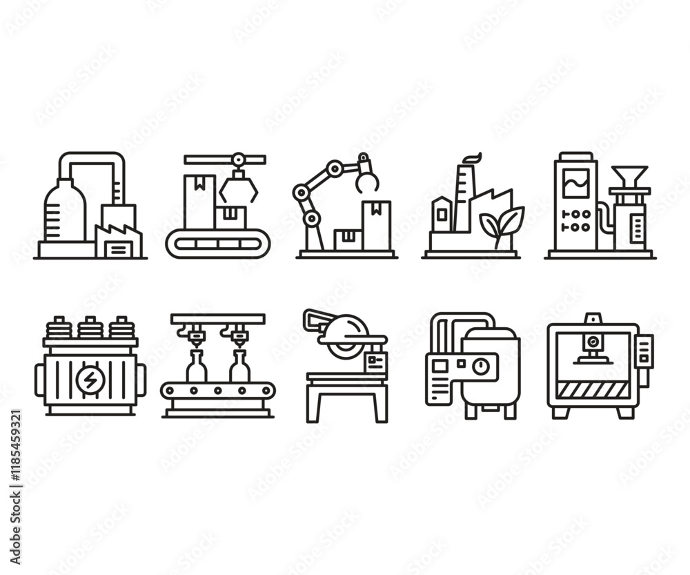 industry and manufacturing line icons set industry and manufacturing line icons set