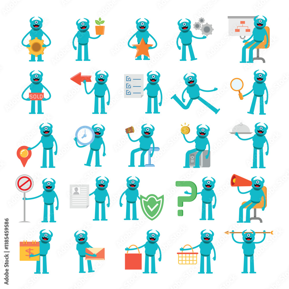 cute monster characters indifferent poses set illustration cute monster characters indifferent poses set illustration
