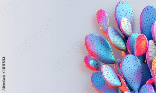 Colorful iridescent cactus pads on white background.