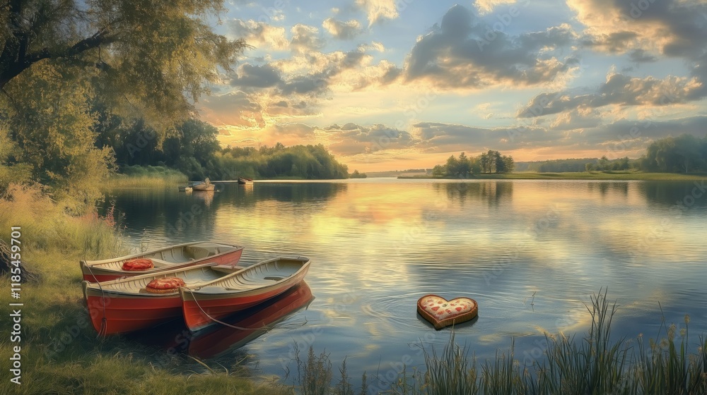 Serene sunset boat scene tranquil river digital art natural environment calm perspective peaceful reflection Serene sunset boat scene tranquil river digital art natural environment calm perspective peaceful reflection
