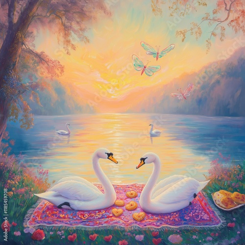 Serene sunset picnic with swans calm lake digital art tranquil nature artistic view peaceful scene photo