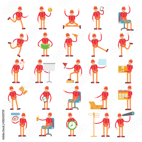 firefighter characters in different poses illustration set