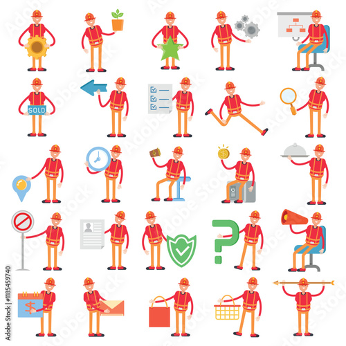 firefighter characters in different poses illustration set