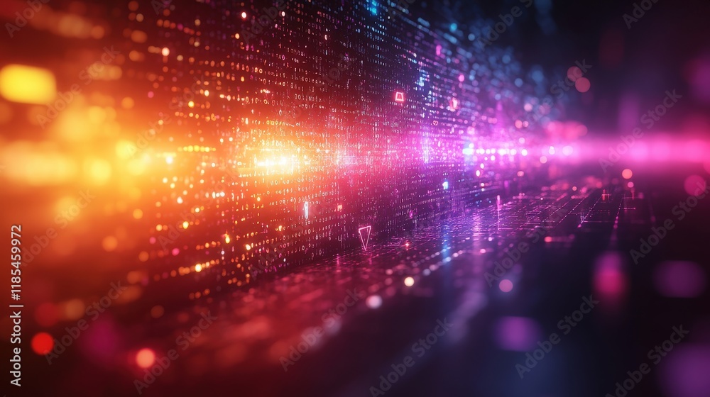 Fototapeta premium Abstract Digital Background Featuring Colorful Light Patterns and Glowing Particles, Creating a Futuristic and Dynamic Representation of Data Flow and Technology Concepts