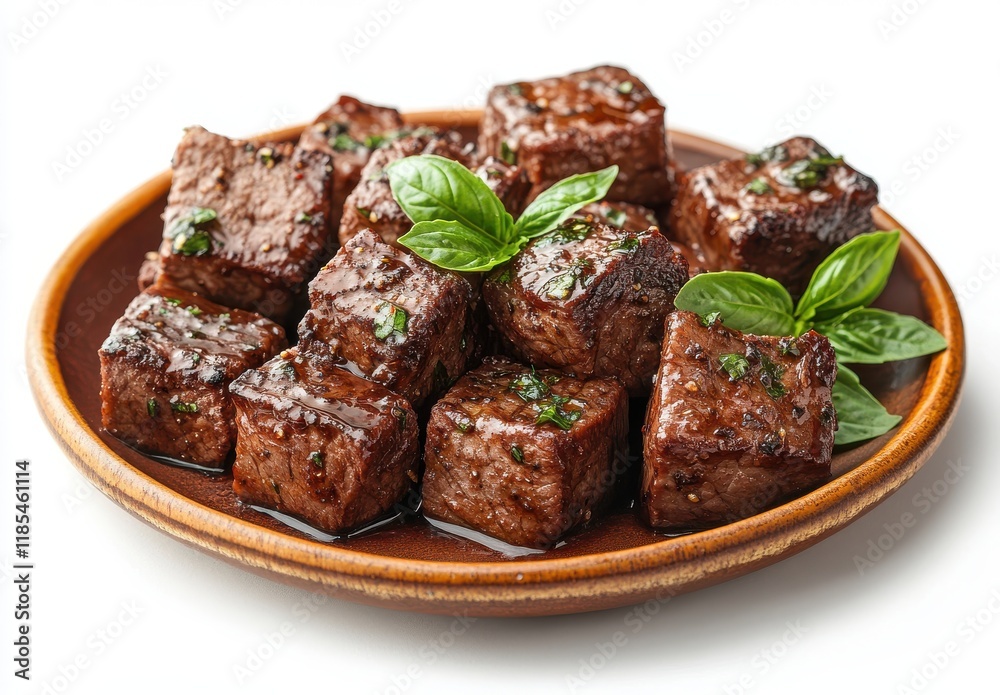 Savory Glazed Beef Cubes Garnished with Fresh Basil on a Rustic Plate Showcasing a Mouthwatering Appetizer Perfect for Culinary Delights and Dinner Parties Savory Glazed Beef Cubes Garnished with Fresh Basil on a Rustic Plate Showcasing a Mouthwatering Appetizer Perfect for Culinary Delights and Dinner Parties