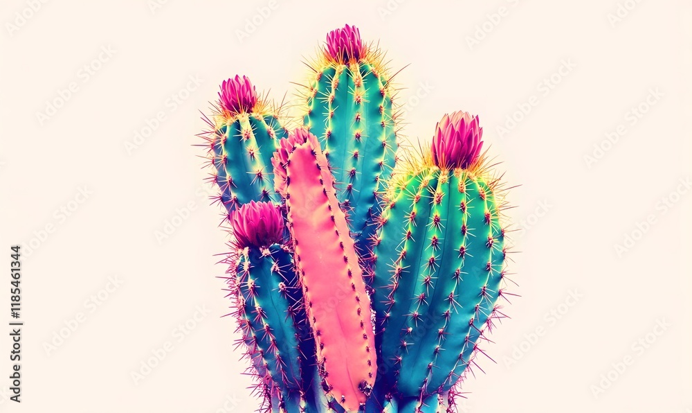 Vibrant pink and teal cacti with flowers against white background. Vibrant pink and teal cacti with flowers against white background.