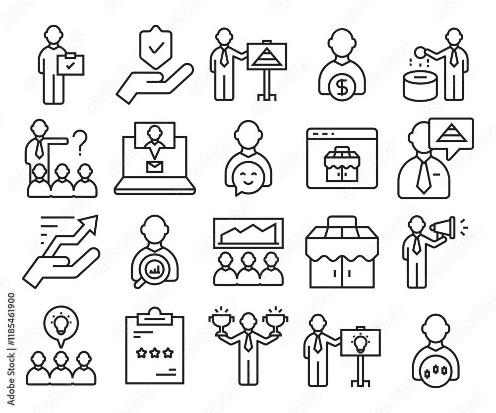 business management and organization line icons set business management and organization line icons set