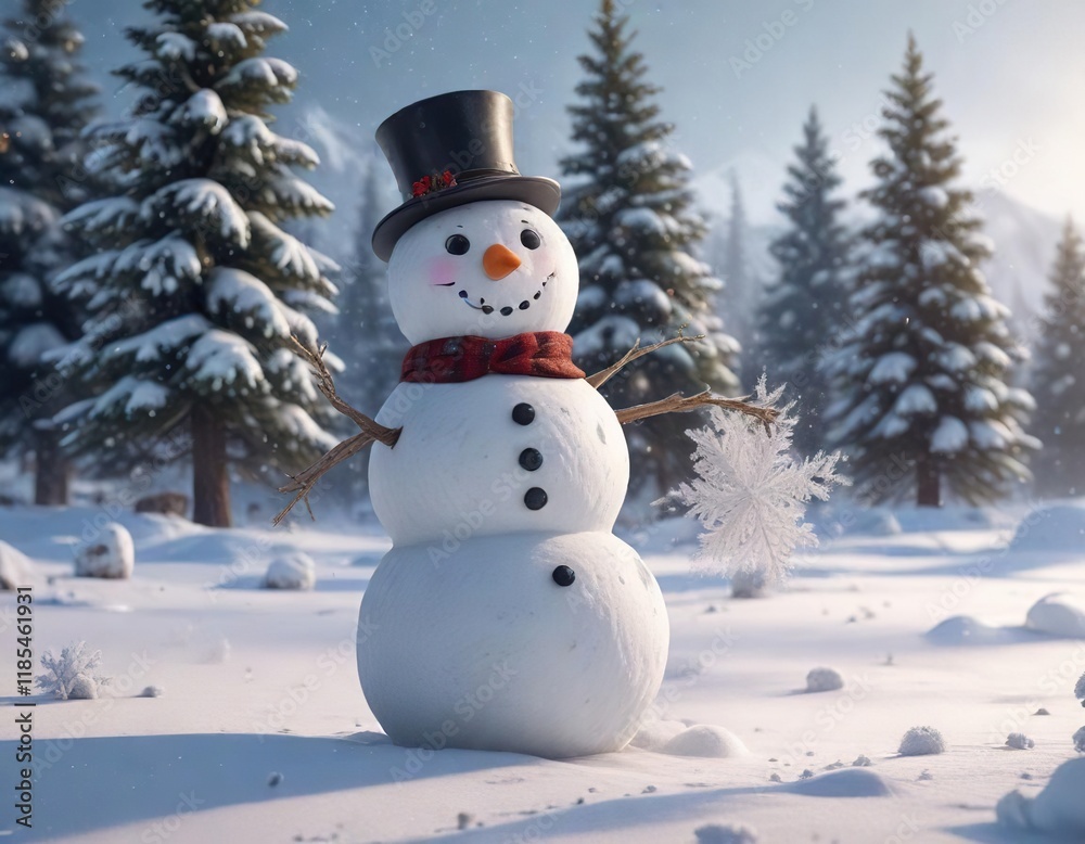 Fototapeta premium A snowman in a winter landscape with a Christmas tree and snowflakes falling around it, wintery beauty, snowy village