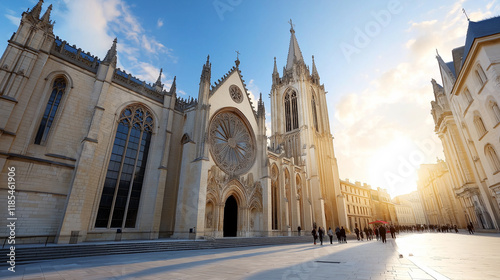 grand cathedral with soaring towers and intricate stone carvings. photo