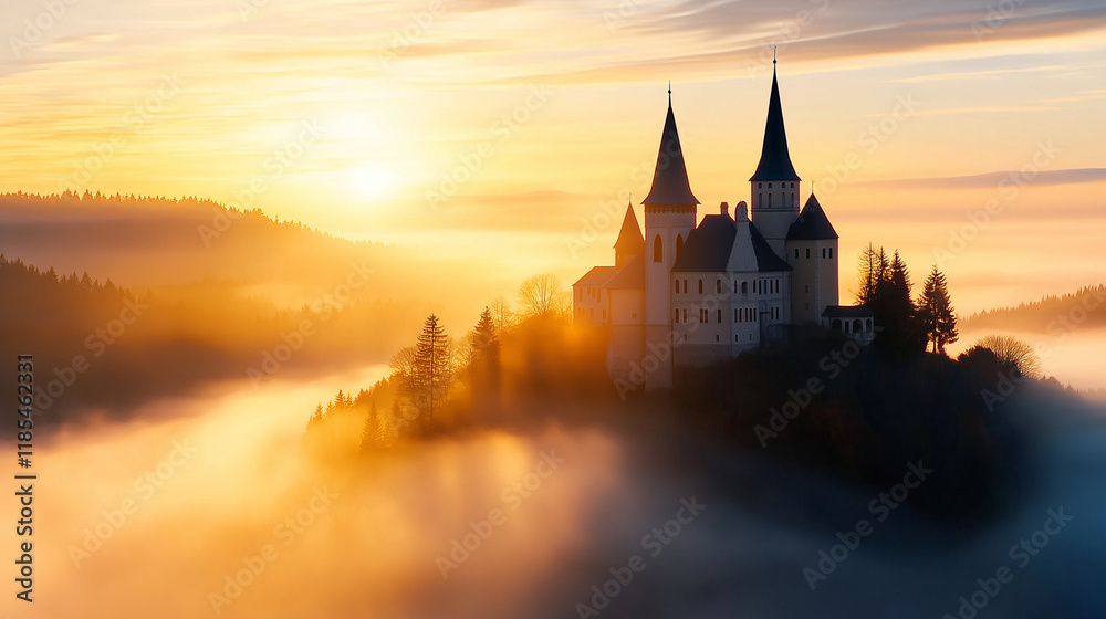 historic castle on a hill surrounded by misty forests at dawn. historic castle on a hill surrounded by misty forests at dawn.