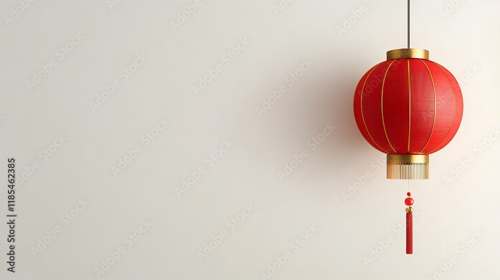 Fototapeta premium Red Chinese lantern hanging against white wall, celebrating festival, copy space, Asian culture, holiday decoration