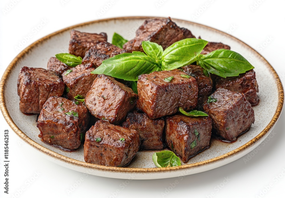 Succulent Grilled Beef Cubes with Fresh Basil Garnish Served on a Rustic Plate Elevating Culinary Presentation and Flavor in Fine Dining Cuisine Succulent Grilled Beef Cubes with Fresh Basil Garnish Served on a Rustic Plate Elevating Culinary Presentation and Flavor in Fine Dining Cuisine