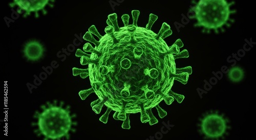 Closeup of a glowing green virus particle. Multiple blurred viruses in background. Illustrates infectious disease concept.