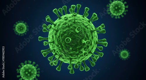 Closeup of a vibrant green virus, intricately detailed, surrounded by smaller, similar viruses on a dark blue background