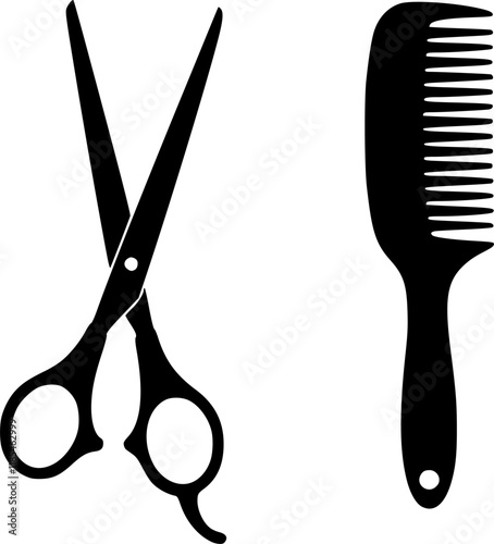Scissors and hairbrush graphic icon. Sign crossed scissors and hairbrush isolated on white background. Barbershop symbols. Vector illustration
