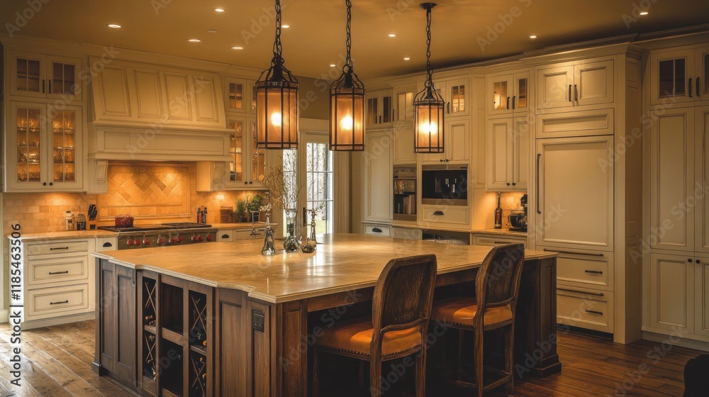 Warm and Inviting Kitchen with Island and Pendant Lights Warm and Inviting Kitchen with Island and Pendant Lights