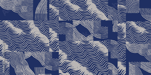 Hand drawn Japanese brush line abstract wave patchwork pattern, Ethnic folk wood carving, engraving, basketry surface texture design, oriental graphic blocks for textile, fabric, carpet