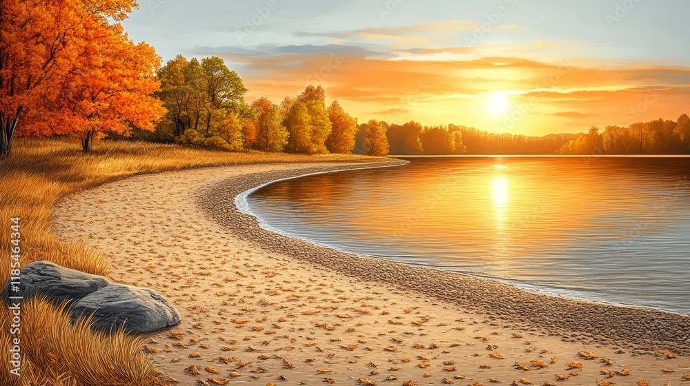 Fototapeta premium Serene Autumn Sunset over Calm Lake with Sandy Shore and Colorful Trees