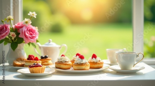 Wallpaper Mural Delightful Afternoon Tea Party with Sweet Pastries and Floral Arrangement Near Window Torontodigital.ca