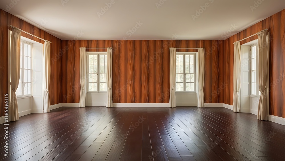 Fototapeta premium an empty room with wooden floors and wooden motif walls along with windows