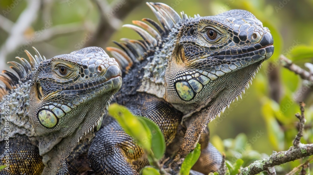 Obraz premium Two Green Iguanas Perched on a Branch