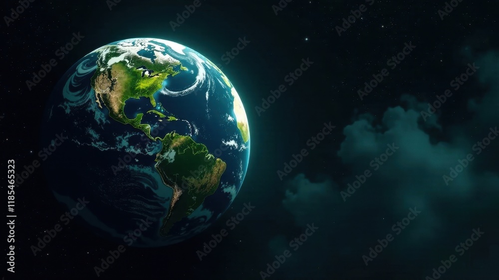 Fototapeta premium A Glowing Earth Seen From Space Against a Dark Nebula Background with Subtle Clouds