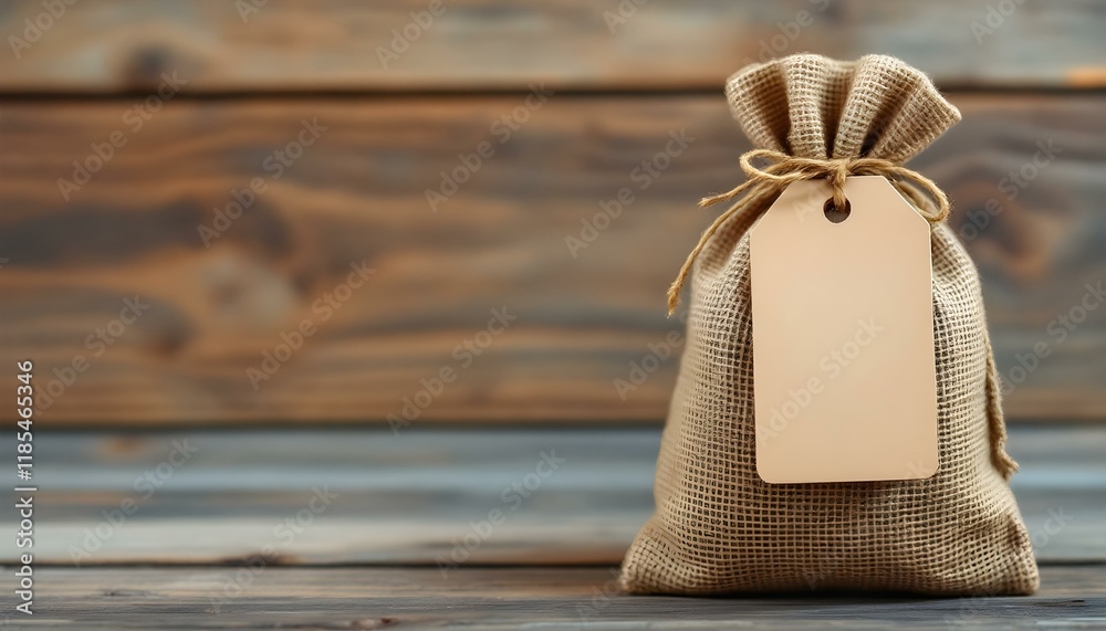 Bolsa de regalo rústica de arpillera con etiqueta en forma de corazón sobre fondo de madera Bolsa de regalo rústica de arpillera con etiqueta en forma de corazón sobre fondo de madera