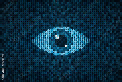 Watching eye over binary code background, software for user spying