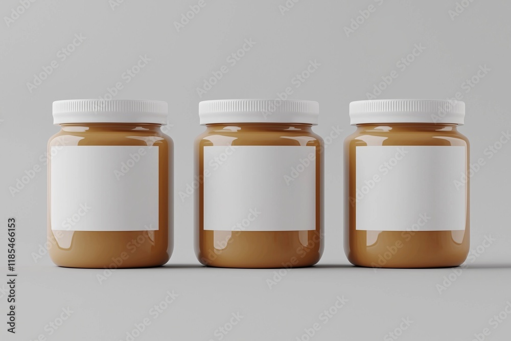 Three peanut butter jars in 3D, minimalistic grey background. Three peanut butter jars in 3D, minimalistic grey background.